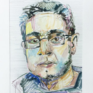 portret łukasz_ papier, ołówek , kredka, akryl